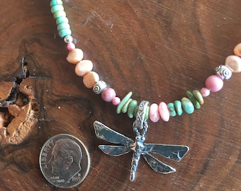 Dragonfly Necklace Sundance Style Pink & Green Semiprecious Stone Artisan 15 -17 in Choker Turquoise Freshwater Pearls .925 Sterling Fairy