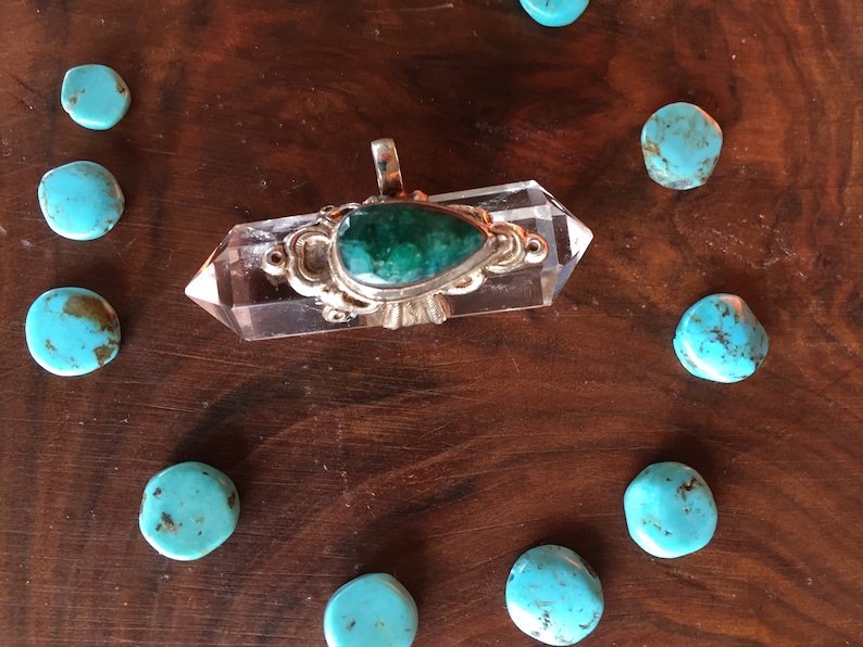 Exotic Crystal with Malacite and Silver Magnifying Blessings Positive Energy Pendant Bohemian Boho Beautiful Unique Spiritual Celestial