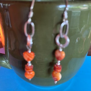Orange Spiny Oyster Shell Earrings Sundance Style .925 Sterling Earrings Artisan Earrings Hand crafted  Dangly  2 and 1/4 inches Hearts!!