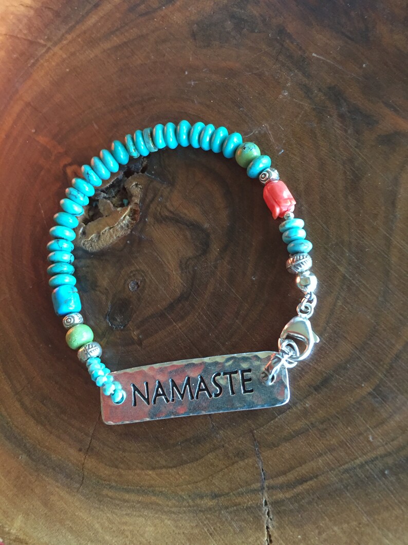 Turquoise NAMASTE Cynthia Sundance Moon Artisans Bracelet .925 Sterling Silver Rare Gaspeite Carved Coral Flower Blossom Yoga Nature OOAK