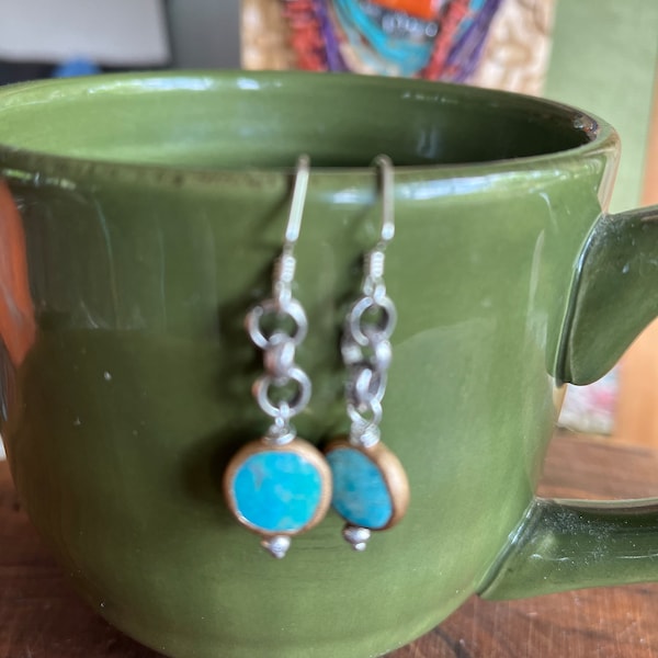 Turquoise earrings Sundance Style w Copper lining .998 fine Thai Silver loops and .925 Sterling Silver angled ear wires Comfortable dangly