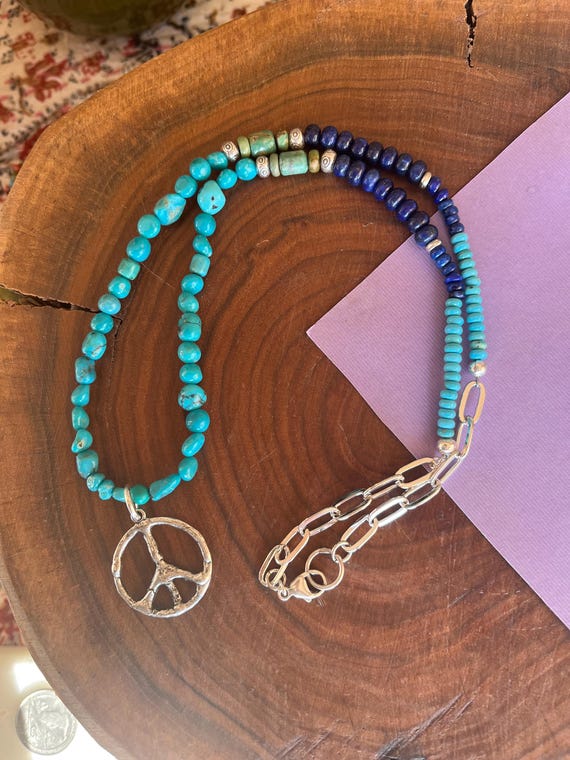Peace Sign Turquoise Necklace: Lapis Lazuli, Fine Silver Beads, Kingman Stones