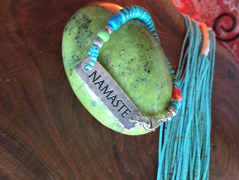 Turquoise NAMASTE Cynthia Sundance Moon Artisans Bracelet .925 Sterling Silver Rare Gaspeite Carved Coral Flower Blossom Yoga Nature OOAK
