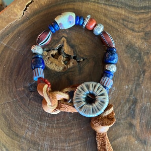 Antique African Trade Bead Bracelet: Lapis Lazuli, Suede Leather, Millefiori