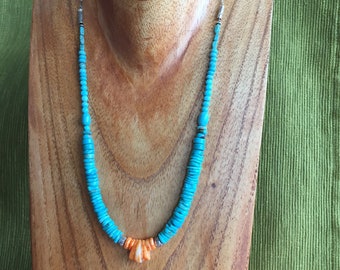 Blue Turquoise Jacla Necklace with Spiny Oyster Shell 19 inches .925 Sterling Silver Chain Cynthia Sundance Moon Artisans Healing Stone