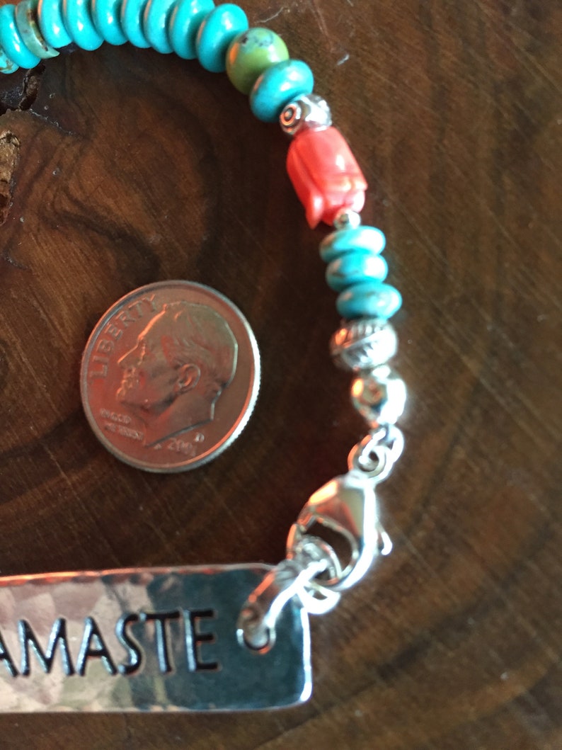 Turquoise NAMASTE Cynthia Sundance Moon Artisans Bracelet .925 Sterling Silver Rare Gaspeite Carved Coral Flower Blossom Yoga Nature OOAK