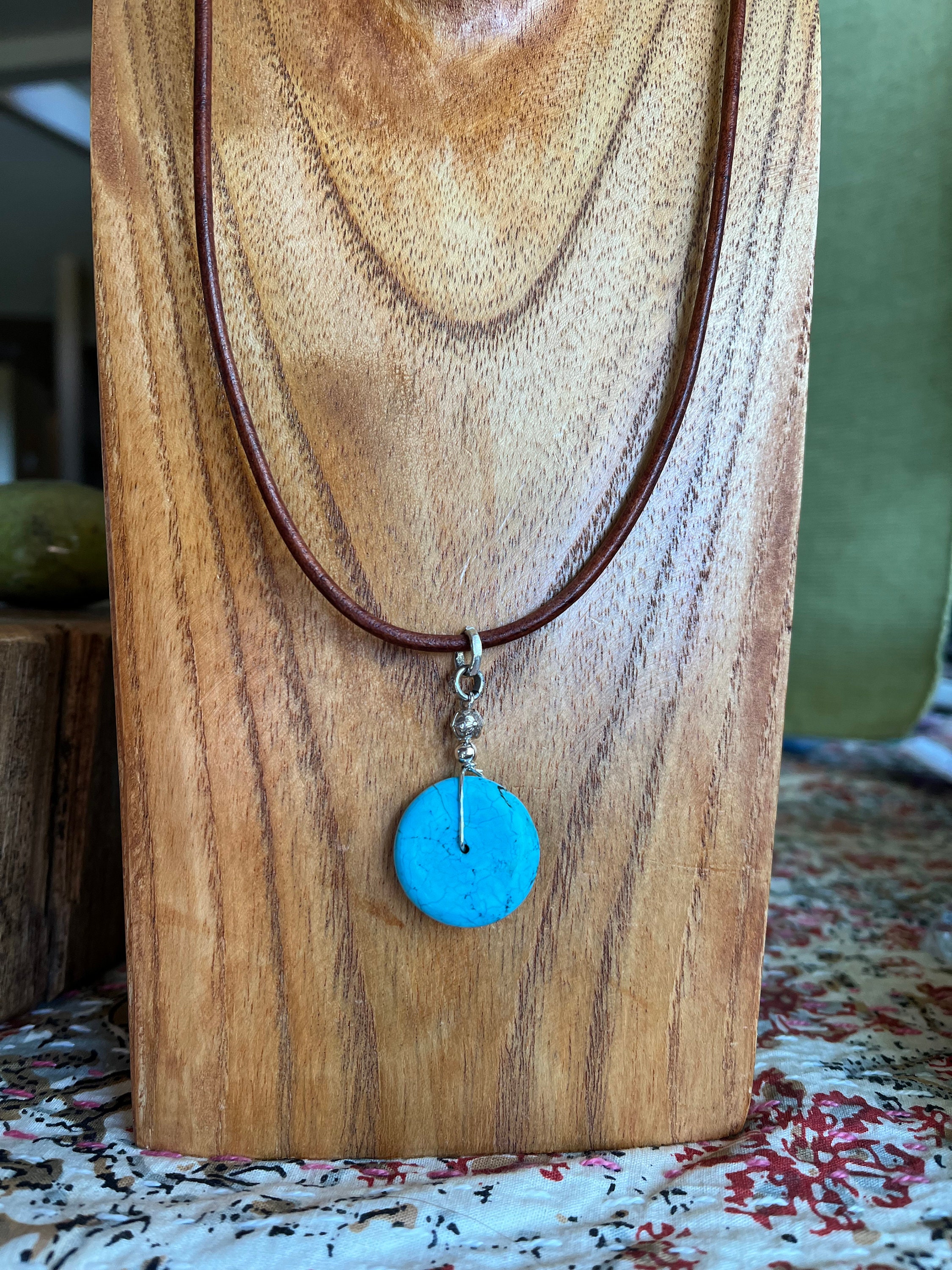 Turquoise Disc Pendant on Leather Cord 22 Inch Necklace