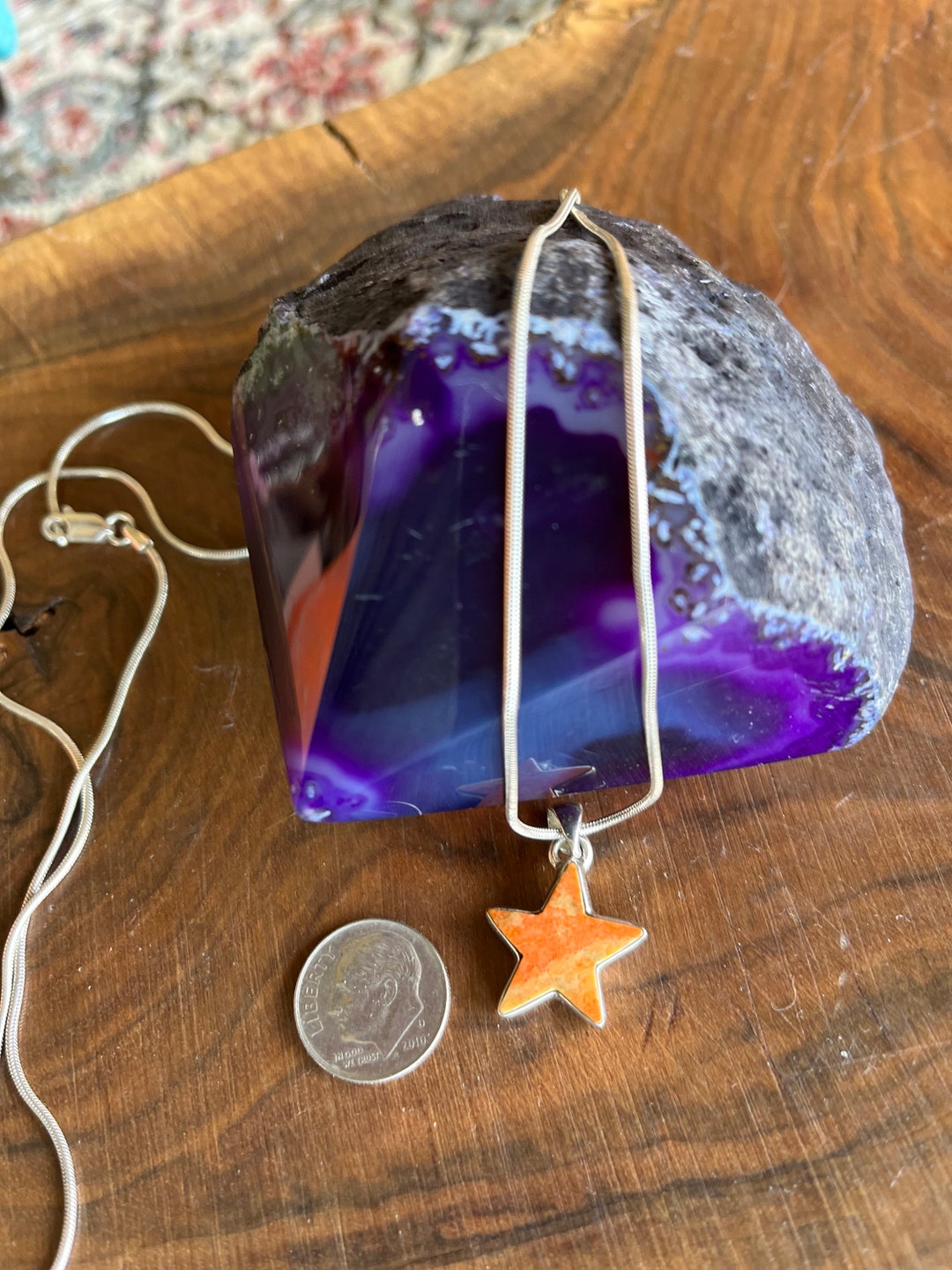 Spiny Oyster Shell Star Necklace .925 Sterling Silver 28 Inch Long