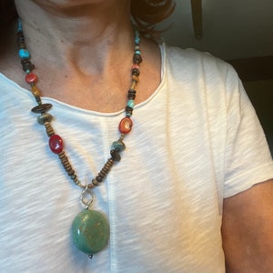 Chunky Türkis Anhänger Halskette: Sterling Silber Knebel, Koralle, Jaspis