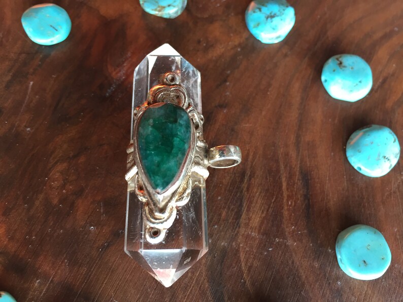 Exotic Crystal with Malacite and Silver Magnifying Blessings Positive Energy Pendant Bohemian Boho Beautiful Unique Spiritual Celestial