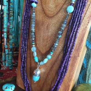 Labradorite & Blue Peruvian Opal Pendant Necklace w Purple Sugilite Cynthia Moon Artisans Pendant Necklace Sundance Style 23 inches Long