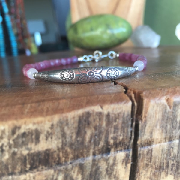 Pink Lavender Quartz Crystal Bracelet with a Handstamped Thai silver tube Toggle Clasp Cynthia Sundance Moon Artisans Faceted Stones