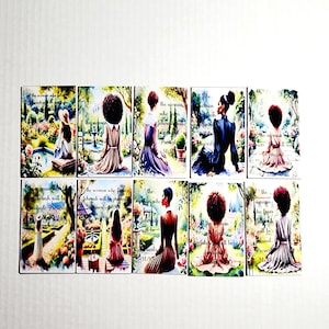 May include: Ten watercolor illustrations of women in gardens with inspirational quotes from the Bible. Each image features a woman with dark skin and curly hair, wearing a dress and sitting in a garden setting. The quotes are from Proverbs 31:30, Proverbs 31:35, Proverbs 31:36, Proverbs 31:25, Proverbs 31:29, Proverbs 31:30, Proverbs 31:35, Proverbs 31:25, Proverbs 31:29, Proverbs 31:30.