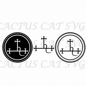 May include: Black and white graphic featuring a sigil design. The design includes a circle with a cross-like symbol and other geometric shapes. The text "CACTUS CAT SVGS" is visible in the background.