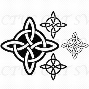 May include: A collection of black and white Celtic knot designs in different sizes. The largest features a four-pointed knot with a central circle, and smaller ones show simpler variations. The image has a clean, minimalist style, ideal for digital art or crafts.
