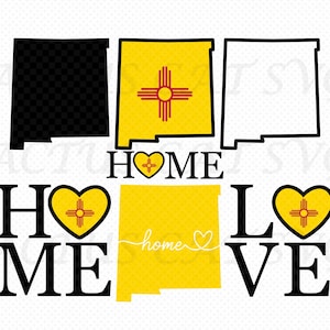 May include: A graphic design featuring the outline of the state of New Mexico in black, yellow, and white. The word "HOME" is displayed with a heart symbol, and the word "LOVE" is also shown. The New Mexico state flag is incorporated into the design.