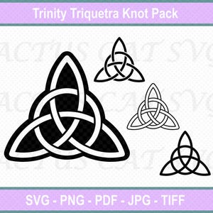 May include: A digital design pack showcasing the Trinity Triquetra Knot. The image presents a large black and white design and three smaller versions. The text at the top reads "Trinity Triquetra Knot Pack".