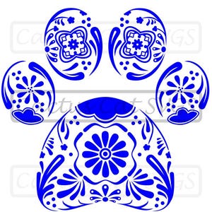 May include: A blue decorative paw print design with intricate floral patterns. The design features a central flower and smaller floral elements, all in a vibrant blue color. The design is set against a white background.