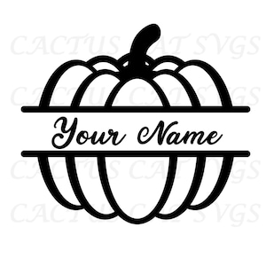 May include: Black pumpkin design with the text "Your Name" in a cursive font. The pumpkin is divided into sections with a stem at the top. The design is suitable for fall-themed crafts and decorations.