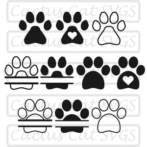 May include: A collection of black paw print designs, including solid and outlined versions, some with heart details. The designs are arranged in rows, suitable for various crafting projects. The text "Cactus Cat SVGS" is visible in the background.