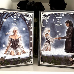 Könnte beinhalten: Zwei gebundene Bücher mit illustrierten Einbänden. Das linke Buch trägt den Titel The Knight and the Moth und zeigt eine Figur in weißem Kleid und dunklem Korsett. Das rechte Buch heißt The Knave and the Moon und zeigt dieselbe Figur mit einem Ritter.