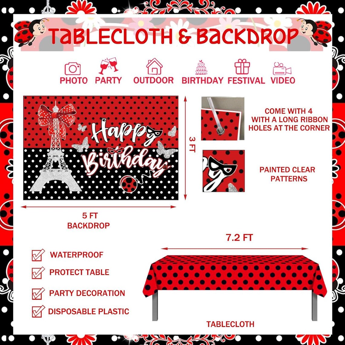 Ladybug Birthday Party Decorations, Ladybug Party Supplies Backdrop ...