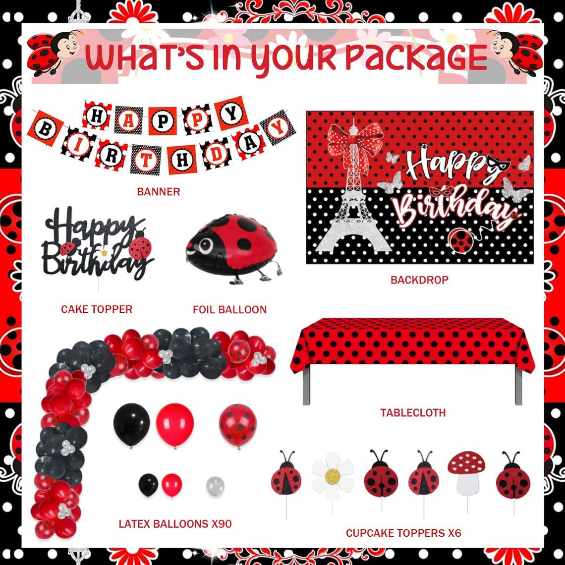 Ladybug Birthday Party Decorations, Ladybug Party Supplies Backdrop ...