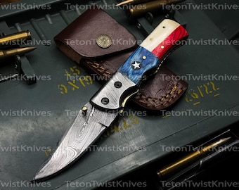 Handmade Damascus Pocket / Folding Knife: Texas Flag Handle & Leather Sheath