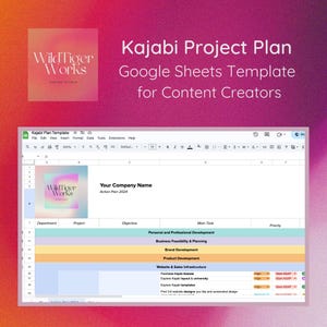 May include: A Google Sheets template for content creators, labelled "Kajabi Project Plan." The image shows a spreadsheet with sections for project planning, including "Personal and Professional Development" and "Website & Sales Infrastructure."