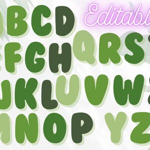 May include: Green alphabet letters in a bubbly, rounded font style. The letters are outlined in white and have a slight shadow effect. The letters are arranged in alphabetical order.