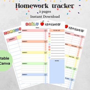 May include: Three printable homework planners with colourful headers and checklists. The text "Homework tracker," "3 pages," and "Instant Download" are visible. The phrase "Editable on Canva" is also present.