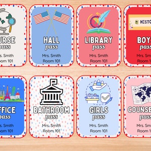 May include: Eight colorful passes with different icons and text. The passes are for Nurse, Hall, Library, Boys, Office, Bathroom, Girls, and Counselor. Each pass has the text "Mrs. Smith Room 101".