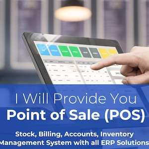 May include: A black point of sale tablet screen displaying a colourful grid of menu buttons and text. The screen features the text I Will Provide You Point of Sale (POS) Stock, Billing, Accounts, Inventory Management System with all ERP Solutions.