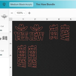 以下が含まれることがあります： カウボーイハットと「Yee Haw」の切り抜きが特徴の黒いアクリルバンドル。デザインには、2つのカウボーイハット、「Yee Haw」というフレーズ、2つの垂直方向の「Yee Haw」デザインが含まれています。