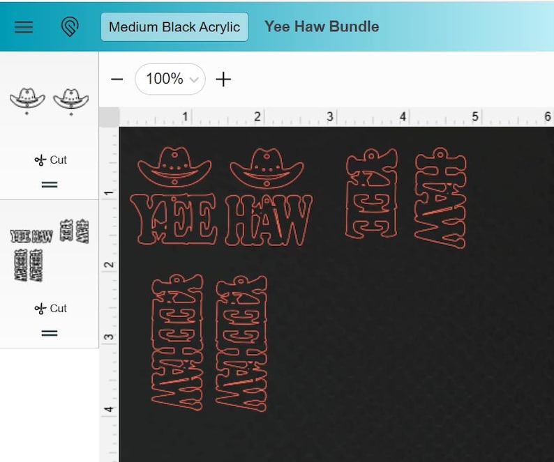 以下が含まれることがあります： カウボーイハットと「Yee Haw」の切り抜きが特徴の黒いアクリルバンドル。デザインには、2つのカウボーイハット、「Yee Haw」というフレーズ、2つの垂直方向の「Yee Haw」デザインが含まれています。