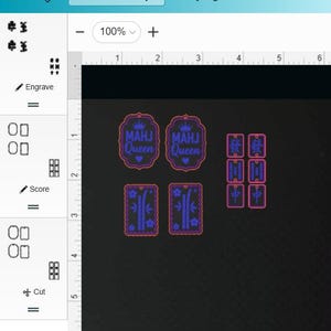 May include: A collection of laser-cut acrylic mahjong pieces. The pieces include two tag-shaped pieces with the text "MAHJ Queen", and several rectangular tiles with various symbols and characters. The acrylic is medium red with blue details.