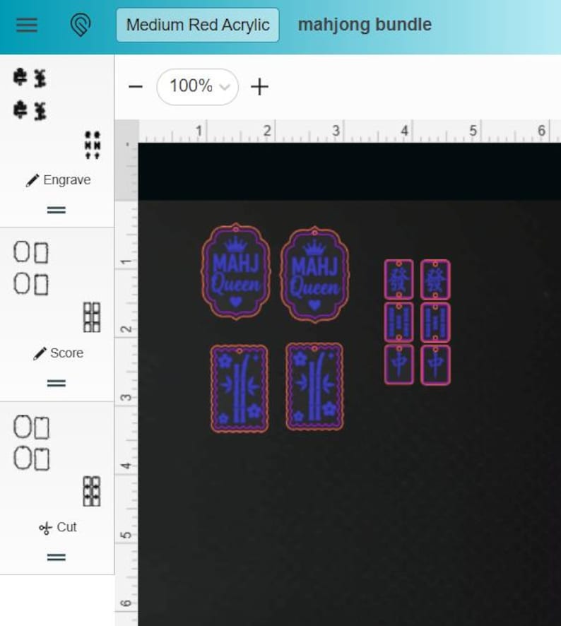 May include: A collection of laser-cut acrylic mahjong pieces. The pieces include two tag-shaped pieces with the text "MAHJ Queen", and several rectangular tiles with various symbols and characters. The acrylic is medium red with blue details.