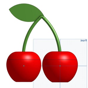 May include: Two red cherries with green stems and a single green leaf. The cherries are connected at the stems and are positioned side by side.