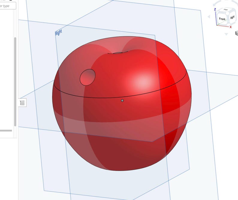 K&ouml;nnte beinhalten: Ein rotes 3D-Modell eines Apfels mit einem Stiel und einem kleinen Loch an der Seite. Der Apfel wird in einem 3D-Modellierungsprogramm gerendert und ist von einem Raster umgeben.