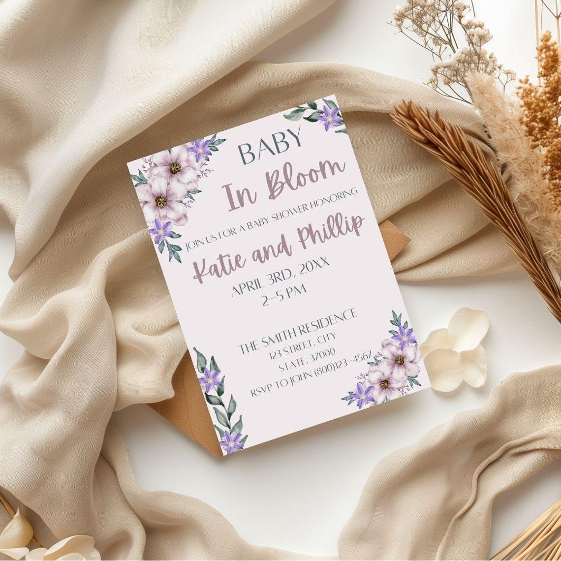 Spring Invitations Bloom Baby in Bloom, Baby Shower Invitation. Purple Flower Theme, Summer and ...