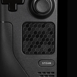 May include: Close-up of a black handheld gaming device. The device features a D-pad, a joystick, and a textured grip area with a honeycomb pattern. The word "STEAM" is printed on the lower right.