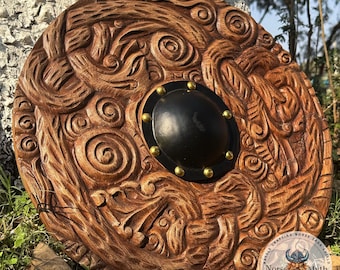 Handcrafted Viking Wooden Shield – Norse Celtic Carved Round Shield with Metal Boss