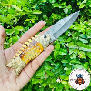 Damascus Steel Fish Folding Knife: Brass Handle, Norse Myth Art