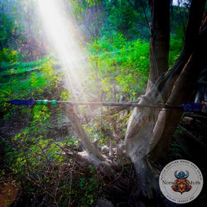 May include: A wooden spear with a blue and green tip, resting on a tree trunk in a forest setting. The spear is decorated with a green and blue band. The image includes the text "Battle Crafting Horse Saga Shield Norse Myth Viking Legacy Art".