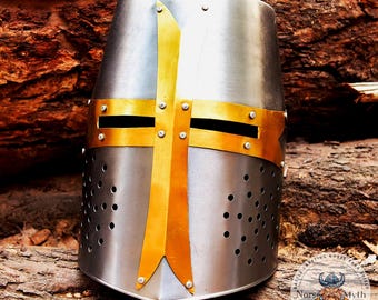 Yelmo de acero de Caballero Templario – Pieza de colección para exhibición de armaduras de cruzados