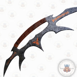 May include: A curved, gray metal blade with a brown leather-wrapped handle. The blade features orange geometric designs and sharp, pointed edges. The weapon has a unique, stylized design, suggesting a fantasy or historical theme.