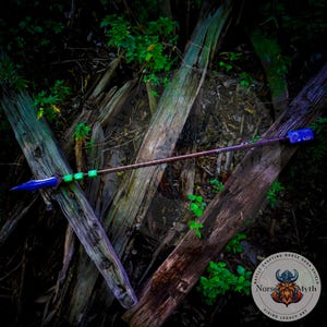 May include: A blue and green spear with a wooden shaft, lying on a bed of weathered wooden planks. The spear has a decorative design on the tip and a green and blue band near the handle. The spear is surrounded by green foliage.
