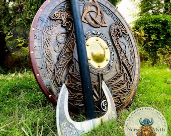 Handmade Viking Shield & Axe Set: Norse Dragon Design, Cosplay Prop