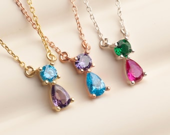 Personalized Two Birthstone Necklace – Dainty Round Pear Pendant