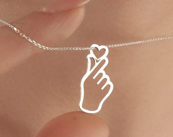 Sterling Silver Hand Heart Necklace – Korean Finger Heart Pendant – Kpop Inspired Minimalist Jewelry Gift